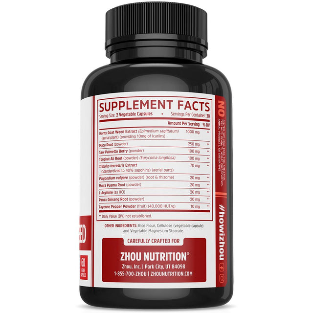 Horny Goat Weed with Maca and Tribulus Capsules, 60 Ct, by Zhou Nutrition