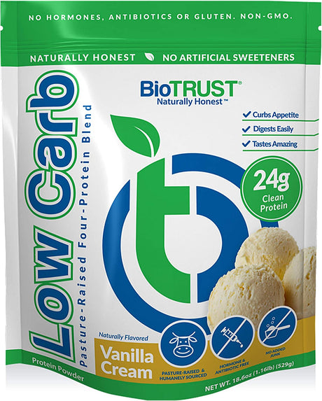 Biotrust Low Carb Protein Powder β Natural and Delicious Whey & Casein Blend from Grass-Fed Hormone Free Cows β Non GMO, Soy Free, Gluten Free, Hormone Free (Vanilla)