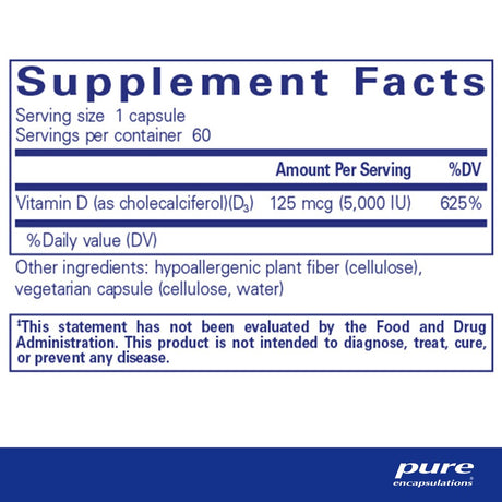 Pure Encapsulations Vitamin D3 125 Mcg (5,000 IU) | Supplement to Support Bone, Joint, Breast, Prostate, Heart, Colon and Immune Health* | 60 Capsules