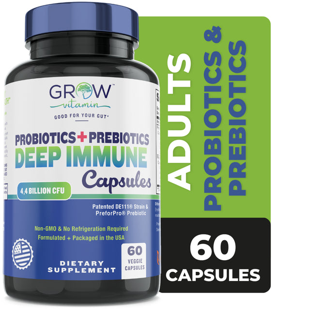 DEEP IMMUNE Probiotics + Prebiotics, 4.4 Billion CFU, Supports Healthy Gut, Non-Gmo, Patented Strains, Dairy Free, Delayed Release Veggie Caps, No Refrigeration Required - 60 Capsules - (2 Daily)