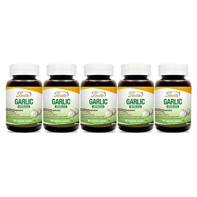 Lovita Odorless Garlic 5000Mg, Maximum Strength with 1.25% Allicin, Powerful Immune and Cardiovascular System Support Formula, 60 Vegetarian Capsules (Pack of 5)