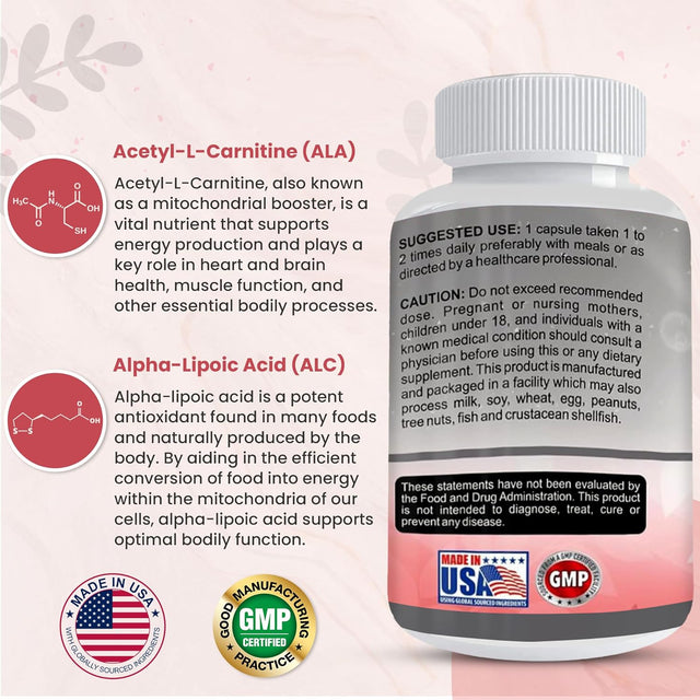ALA/ALC High Potency Formula- Best Alpha Lipoic Acid and Acetyl-L-Carnitine Hcl Dietary Supplement- Antioxidant Support- Energy Boost- for Men and Women 60 Capsules