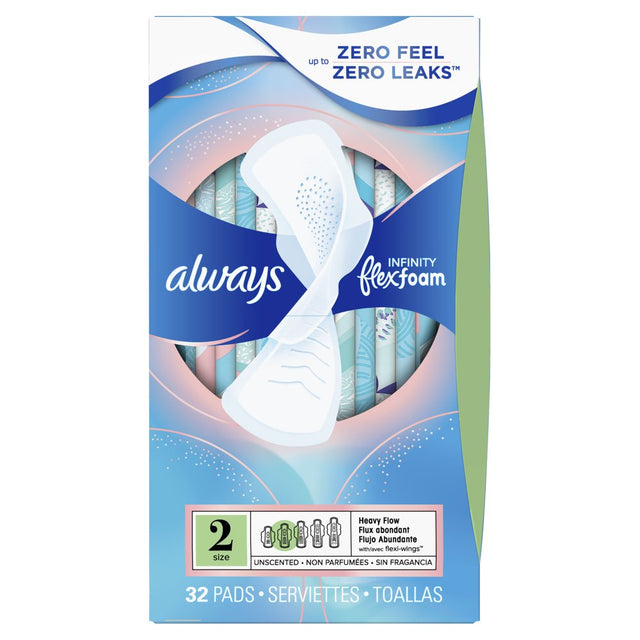 Always Infinity Feminine Pads with Wings, Size 3, Extra Heavy Absorbency, Unscented, 28 Ct