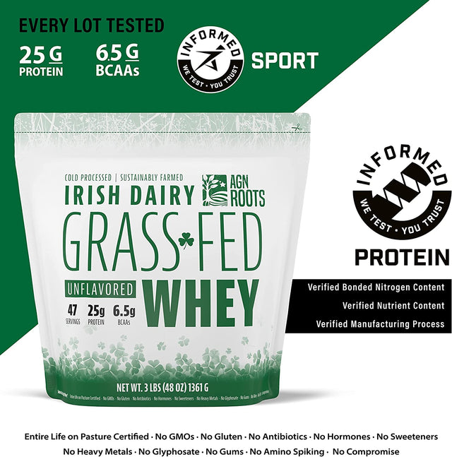 Grass Fed Whey Protein Powder Isolate - Unflavored - Unsweetened - Certified Entire Life on Pasture - a Greener World - ASPCA Registered Brand List - Informed-Sport - 3Lbs