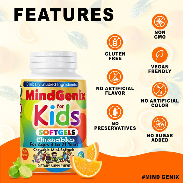 Mindgenix Kids Brain Focus Supplements for Kids & Teens, Kids Omega 3 Brain Booster Nootropic Supplement Focus Softgels 60Ct