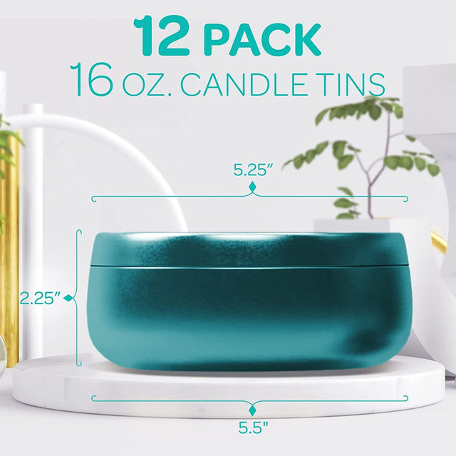 Hearts & Crafts Candle Tin Jars - 16Oz Teal Metal Tin Cans with Lids, 12-Pack - for Small Tins for Candle Making, Arts & Crafts, Storage, Gifts, and More