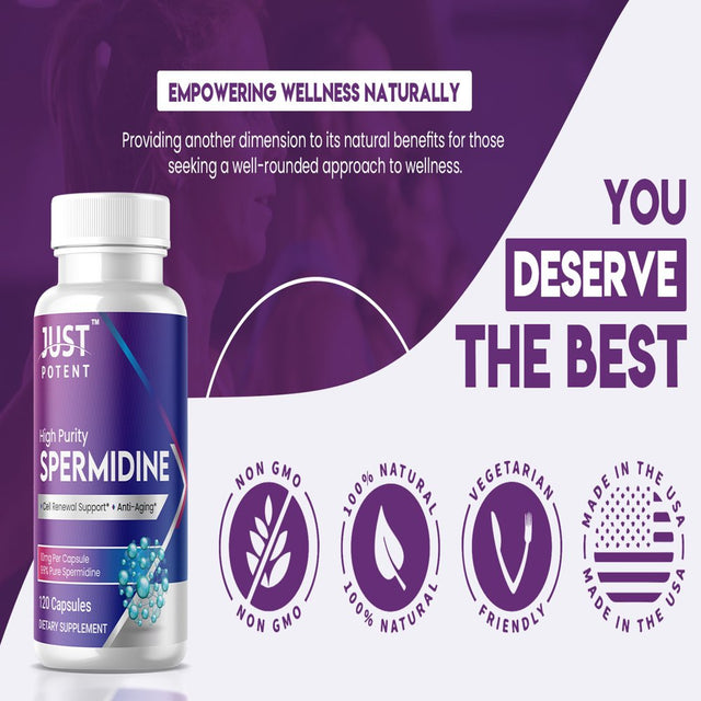 Just Potent High Purity (99%) Spermidine Supplement | 120 Capsules, 10Mg per Capsule, 4 Months of Supply | Cell Renewal Support and Anti-Aging