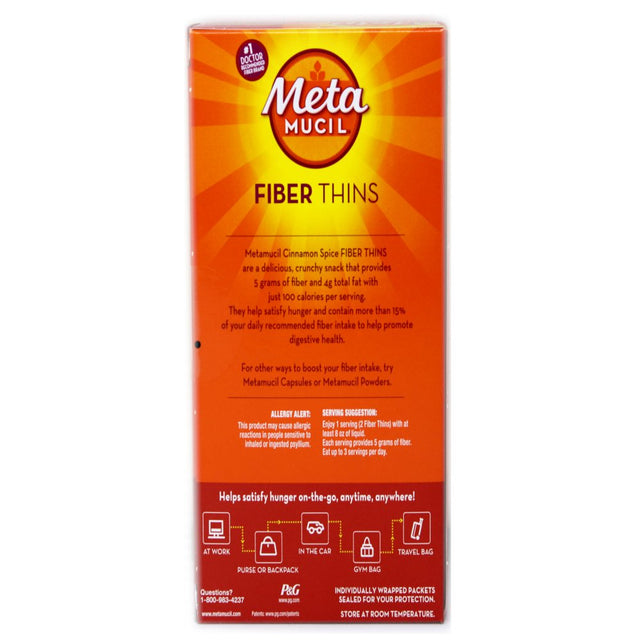 Metamucil Fiber Thins, Psyllium Husk Fiber Supplement, Digestive Health Support and Satisfy Hunger, Cinnamon Spice | 4 Boxes