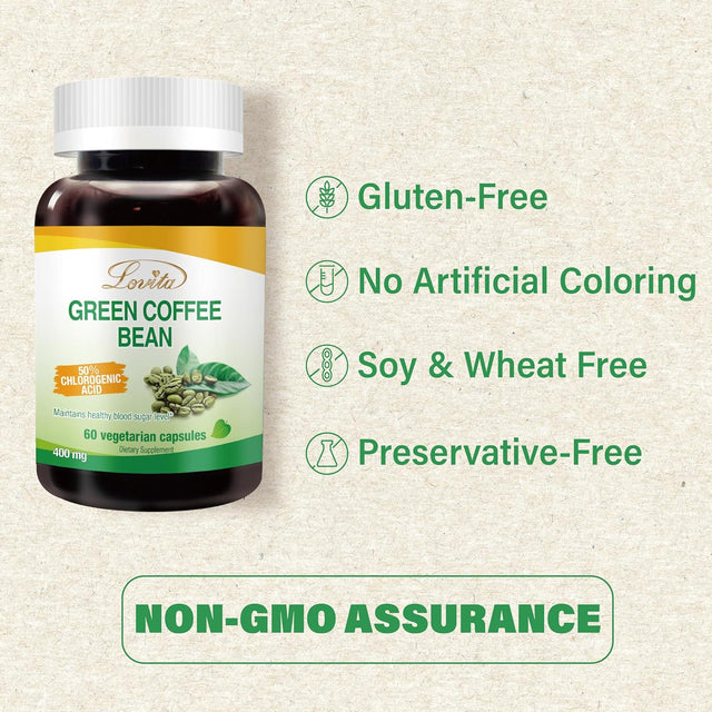 High-Potency Green Coffee Bean Extract: 1600Mg Equivalent, 50% Chlorogenic Acid for Natural Antioxidant & Size-Reduction Support - Vegan-Friendly, 60 Veggie Capsules