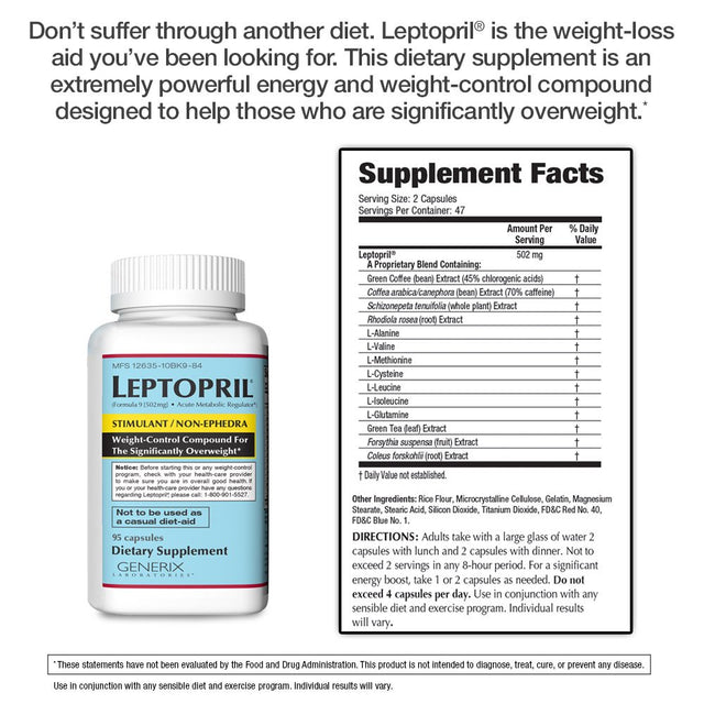 Generix Laboratories Weight Loss Supplement, Dietary Suppliemtns, 502 Mg Leptopril, 95 Capsules