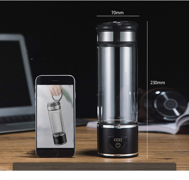 Portable 3 Minute Hydrogen-Rich Water Bottle Rechargeable High Concentration Hydrogen Generator Glass Bottle Anti-Aging Anti-Oxidation Alkaline Water Generator, 350Ml