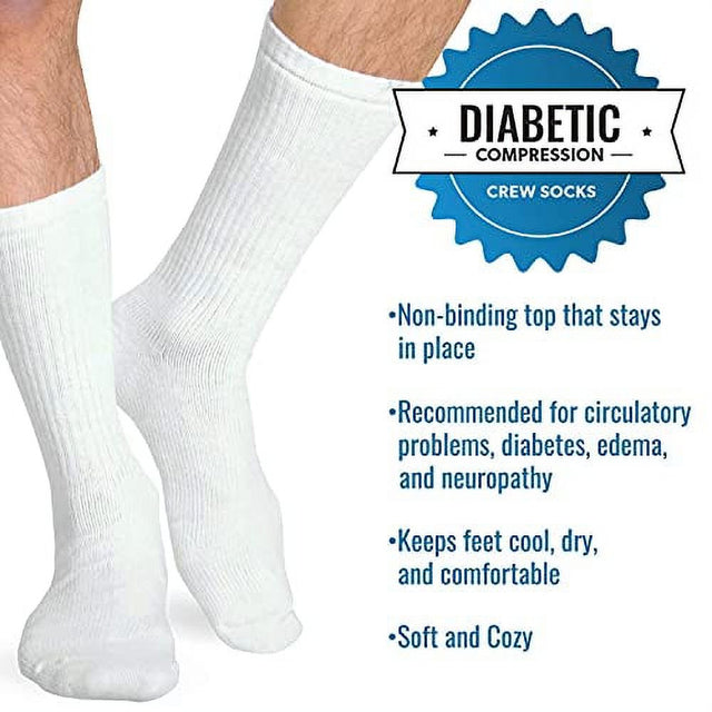 Heelbo Diabetic Socks for Sensitive Feet without Elastic for Men and Women for Circulatory Problems, Edema and Neuropathy, Mild Compression, White, Large