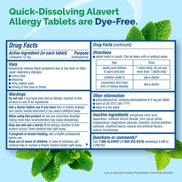 Alavert Allergy 24 Hour Relief, Fresh Mint Flavor, Orally Disintegrating Allergy Tablets, Non-Drowsy Antihistamine, Loratadine 10Mg, 60 Count