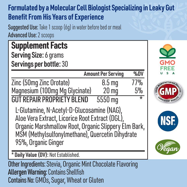 Leaky Gut Repair Powder (180 G) - Glutamine Powder W/Slippery Elm and Marshmallow Root - Leaky Gut Repair Supplements for IBS Relief, Bloating, Heartburn, & Gut Health - Mint Chocolate Flavor