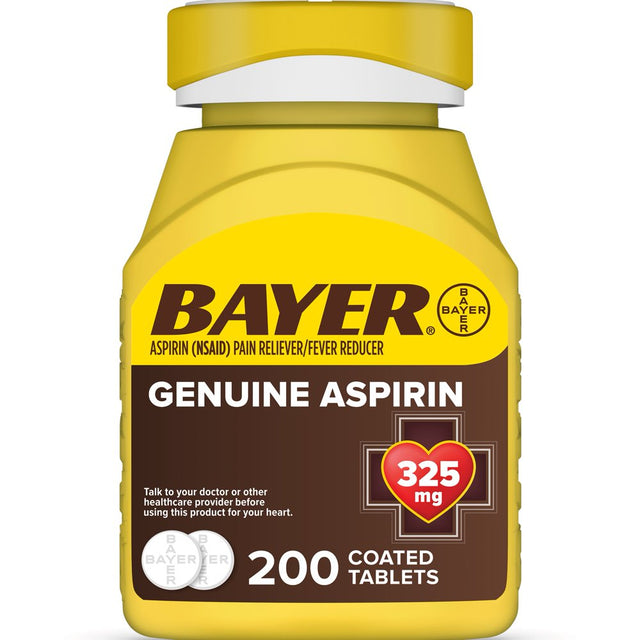 Genuine Bayer Aspirin Pain Reliever/Fever Reducer Coated Tablets, 325 Mg, 200 Count