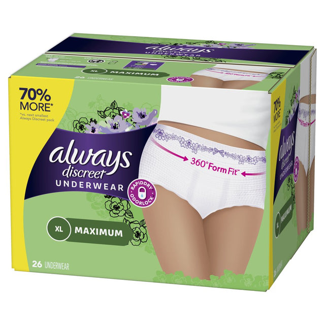 Always Discreet, Postpartum Incontinence Underwear for Women, Maximum, XL, 26 Ct