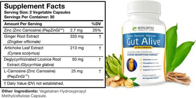 Gut Alive for Restoring Gut Lining - All Natural Support to Fight Leaky Gut, IBS, Heartburn, Acid Indigestion, Acid Reflux, Bloating & Gas. Unique Formulation. 60 Capsules.