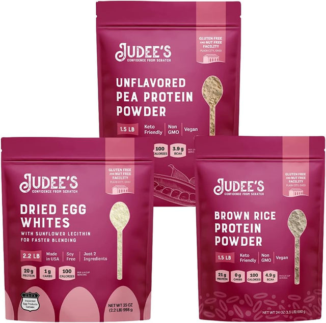 Judee'S Small Protein Bundle: Brown Rice Protein Powder 1.5 Lb, Pea Protein Powder 1.5 Lb, Egg White Protein Powder 2.2 Lb