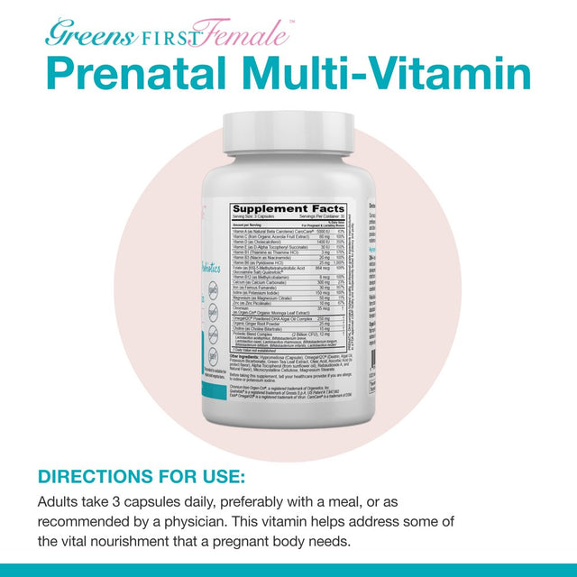 Greens First Female Prenatal Vitamin with Vegan DHA - Pregnancy Multivitamin Supplement - Supports Healthy Fetal Development - Natural Ingredients - with Ginger - 90 Capsules