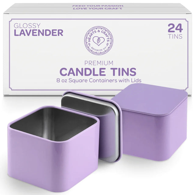 Hearts & Crafts Square 24 Tin Candle Tins with Lids for Candle Making - 8Oz - Lavender