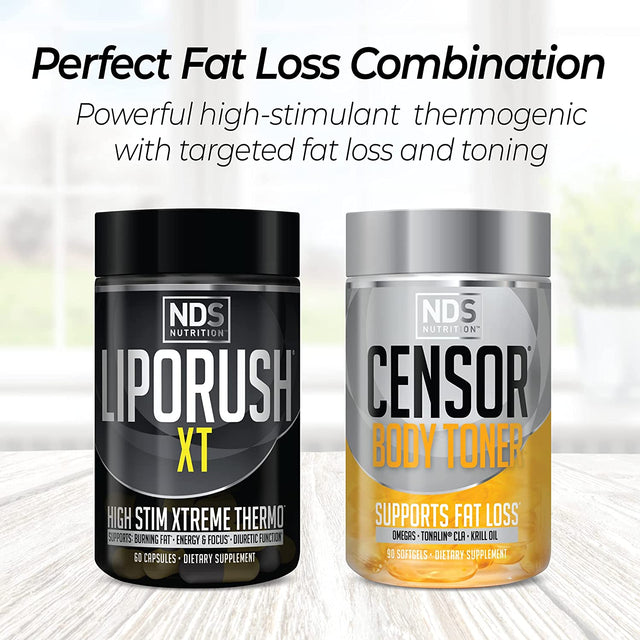 NDS Nutrition Maximum Strength Dual Impact Stack - Complete 2-In-1 Fat Loss Stack Enhanced with Teacrine, L-Carnitine, CLA for Serious Results - Censor 90 Softgels XT 60 Capsules