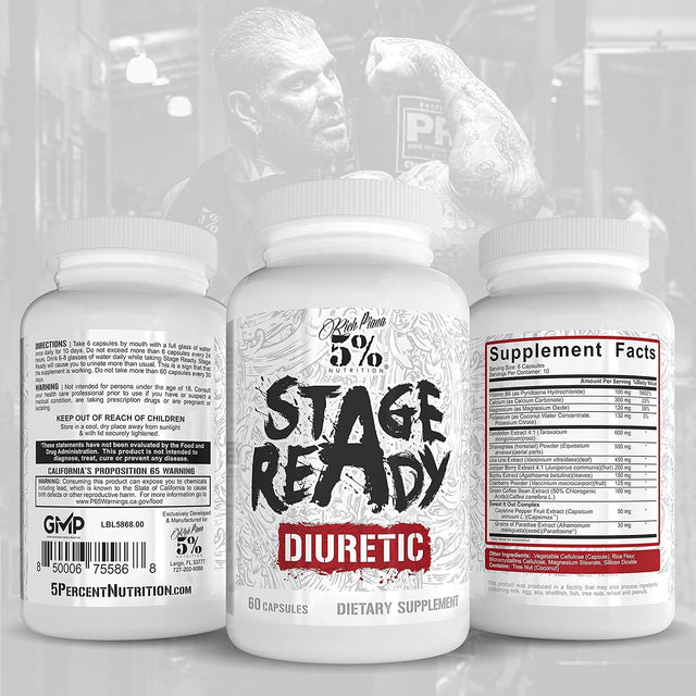 5% Nutrition Stage Ready Diuretic | Extra Strength Competition Diuretic | Fast Acting Weight Cut, Water Retention & Bloat Relief | Natural Formula W/Dandelion Root, Shavegrass, Uva Ursi (60 Pills)