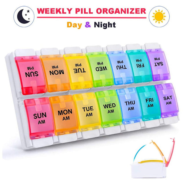 AM/PM Weekly 7 Day Pill Organizer Large Daily Pill Cases Box with Easy Push Button Design for Pills Vitamin Fish Oil Supplements Organizers,Colorful