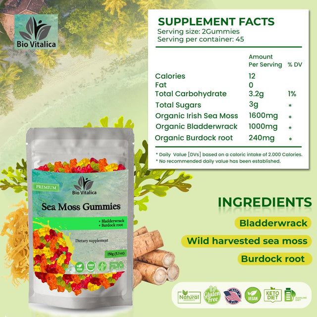 Irish Sea Moss Gummies with Burdock Root + Bladderwrack - Wildcrafted Sea Moss Raw Organic Gummy with Sea Moss Gel & Powder - Seamoss Gummies Vegan - Dr Sebi Sea Moss Diet - Immunity & Detox, Energy