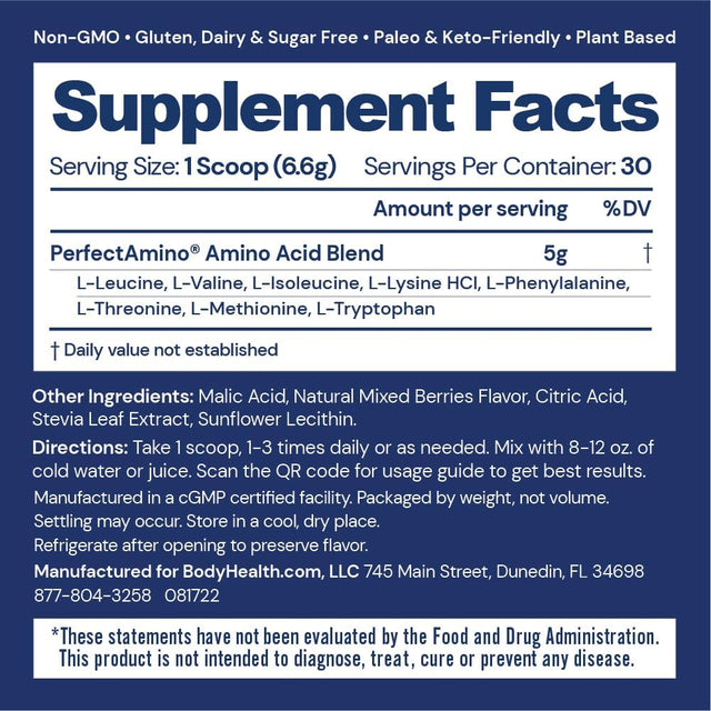 Bodyhealth Perfectamino Powder Mixed Berry (30 Servings) Best Pre/Post Workout Recovery Drink, 8 Essential Amino Acids Energy Supplement with 50% Bcaas, 100% Organic, 99% Utilization