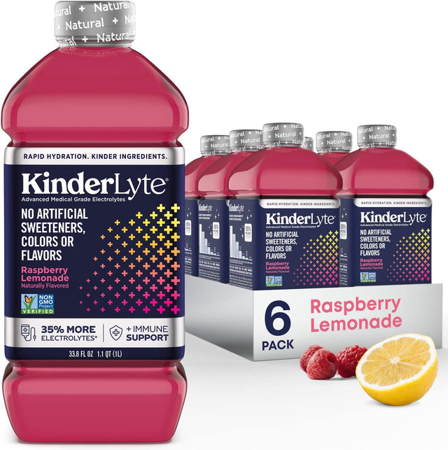 Kinderlyte Advanced Natural Hydration | Electrolyte Drinks with 33% More Electrolytes and Premax Prebiotic (Raspberry Lemonade, 6-Pack)