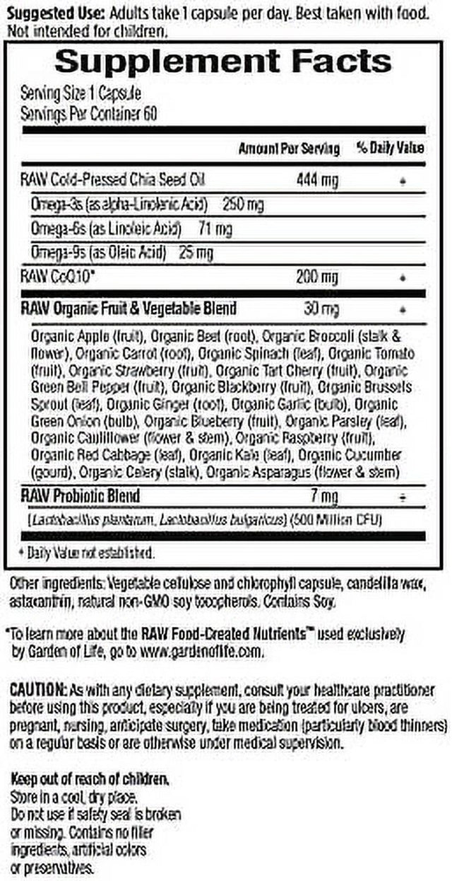 Garden of Life Vegetarian Omega 3 6 9 Supplement - Raw Coq10 Chia Seed Oil Whole Food Nutrition with Antioxidant Support, 60 Capsules