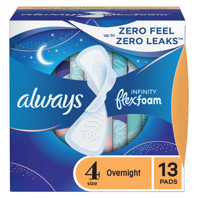Always Infinity Feminine Pads with Wings, Size 4, Overnight Absorbency, Unscented, 13 Count