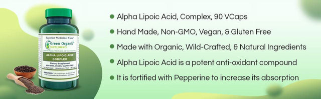 Green Organic Supplements' Alpha Lipoic Acid Complex, ALA , 90 Vcaps Alpha Lipoic Acid Capsules (Single)
