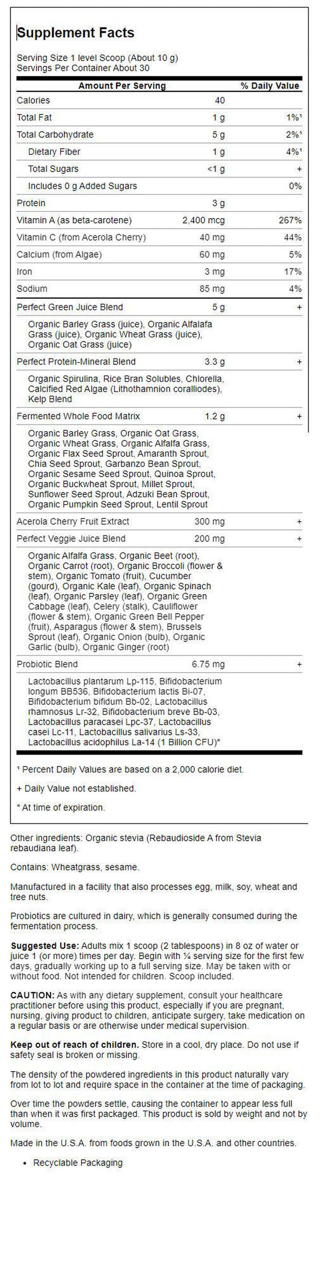 Garden of Life Perfect Food Original Powder, 10.5 Oz