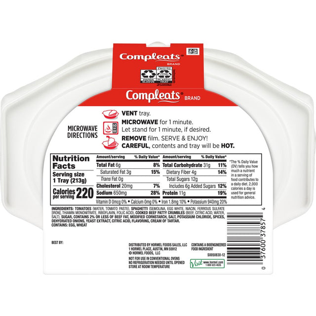 HORMEL COMPLEATS Spaghetti & Meat Sauce, Shelf Stable, 7.5 Oz Plastic Tray