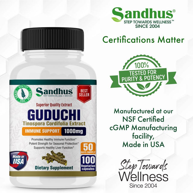 Sandhu'S Guduchi 1000Mg, Herbal Supplement for Immune & Liver Health, Offers 100 Veggie Capsules