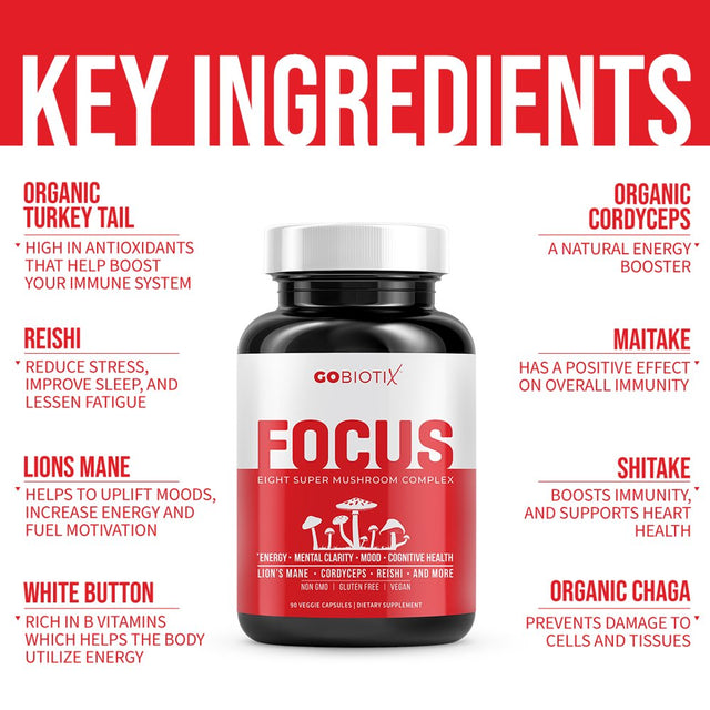 Focus 8 Mushroom Supplement by Gobiotix | Brain Booster | Immune System Support