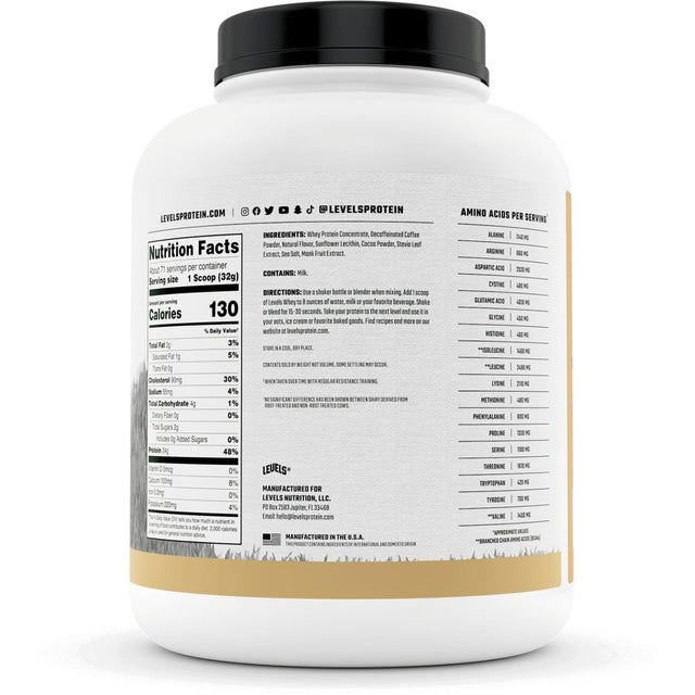Levels Grass Fed 100% Whey Protein, No Hormones, Cappuccino, 5LB