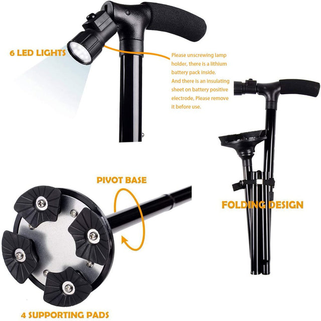 All Terrain LED Folding Walking Cane Walking Stick - 6 Ultra Bright Built-In LED