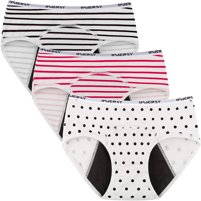 INNERSY Big Girls' Period Panties Menstrual Underwear for First Period Starter 3-Pack (S(8-10 Yrs), Dot&Stripe)