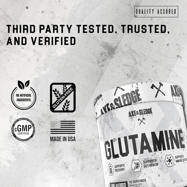 Axe & Sledge Supplements Glutamine Basics Powder, Supports Recovery, Gut Health, and Immune System, Unflavored, Contains No Artificial Substances, Fillers, or Excipients, 40 Servings
