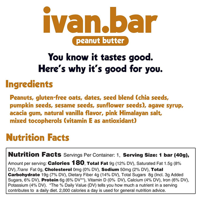 Ivan.Bar Protein Packed Energy Snack Bar | Provides Healthy Energy | Vegan, All Natural Ingredients | Soy, Dairy & Gluten Free (Peanut Butter, 1.4 Ounce (Pack of 24 Bars))