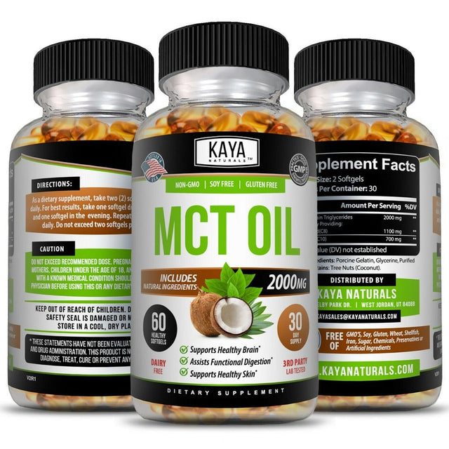 Kaya Naturals 3X 60Ct Pure MCT Oil 2000Mg, C8 C10 Weight Loss, Energy, Inflammation Capsules