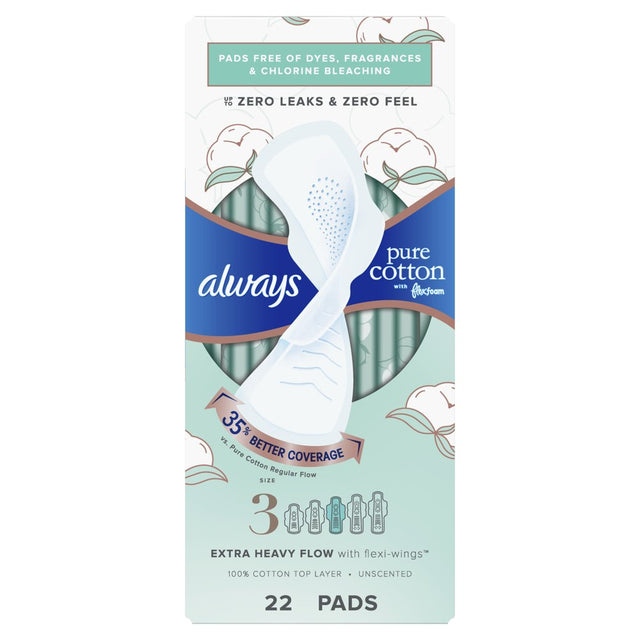 Always Pure Cotton Feminine Pads with Wings, Size 3, Extra Heavy Absorbency, 22 CT