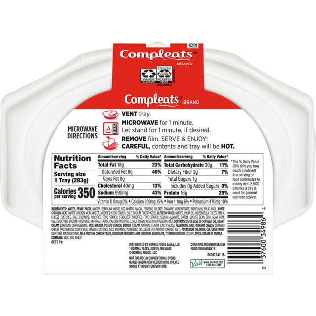 HORMEL COMPLEATS Chicken Alfredo, Shelf Stable, 10 Oz Plastic Tray