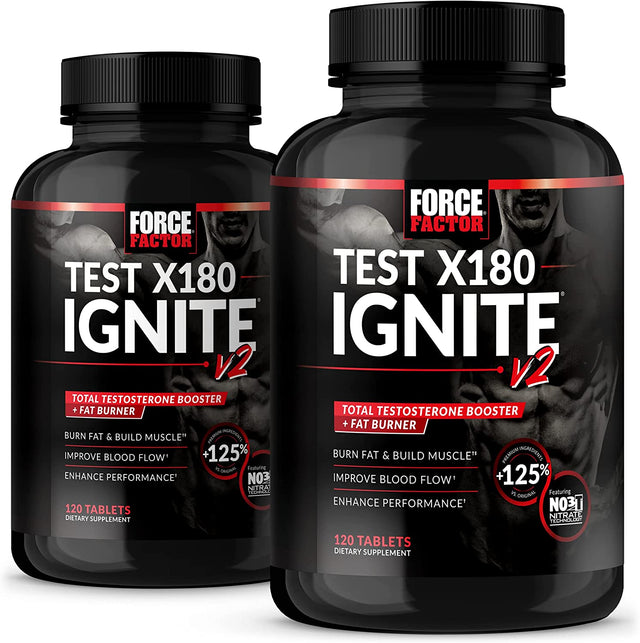 Force Factor Test X180 Ignite V2, Testosterone Booster and Fat Burner for Men, Testosterone Supplement with Nitrates to Burn Fat, Build Muscle, Boost Energy and Performance, 120 Count (Pack of 2)