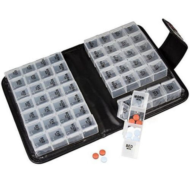 Floral Pill Case Box, Pill Organizer 14 Day Pill Holder Travel Pill Container and Medication Organizer, Travel Case - 4 Marked Compartments for Each Day of the Week - Morn, Noon, Eve, Bed
