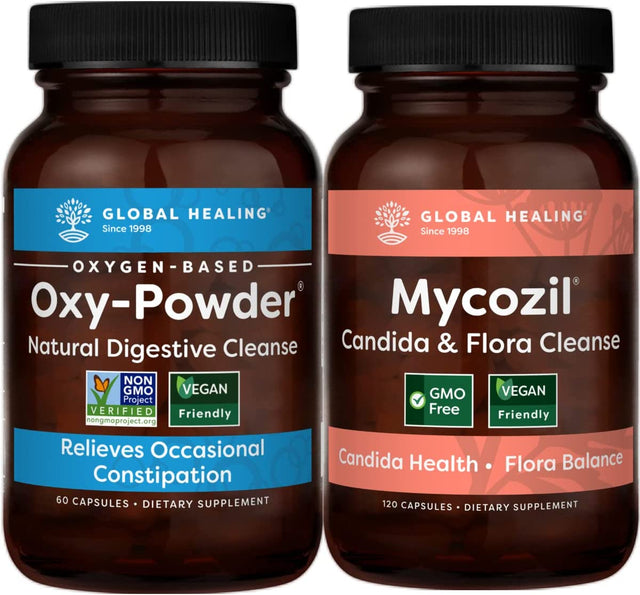 Global Healing Center Mycozil & Oxy-Powder Kit - Vegan Supplement Support Detox of Candida & Harmful Organisms for Gut Health, Oxygen Based Colon Cleanser of Intestinal Tract - 180 Capsules Total