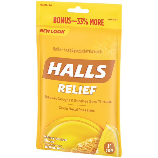 HALLS Relief Honey Lemon Flavor Cough Drops, 1 Bag (40 Total Drops)