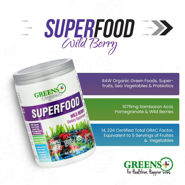 Greens plus Wild Berry Organic Greens Superfood, Greens Powder Dietary Supplement, 30 Servings